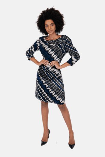 Vestido Kay Unger Tule Branco Preto e Azul