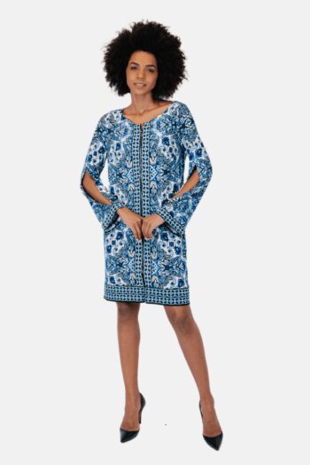 Vestido Laundry By Shelli Segal Ziper Frontal Estampa Azul Branco e Preto