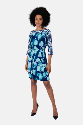 Vestido AliRa Tubinho com Amarração Verde Branco e Azul