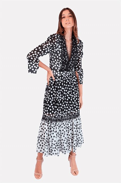 Vestido Alfreda Poá Preto e Branco Longo