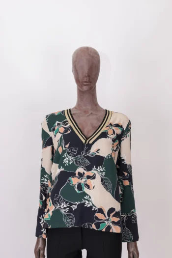 Blusa Más Animale Estampada Folhas Gola em Lurex Dourado Preto e Verde 36