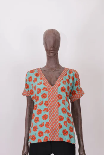 Blusa Mixed em Seda Mix de Estampas Azul e Laranja PP