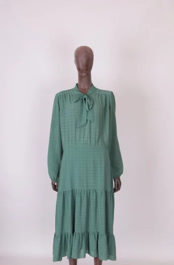 Vestido Midi Manga Longa com Laço no Pescoço Xadrez Verde 42