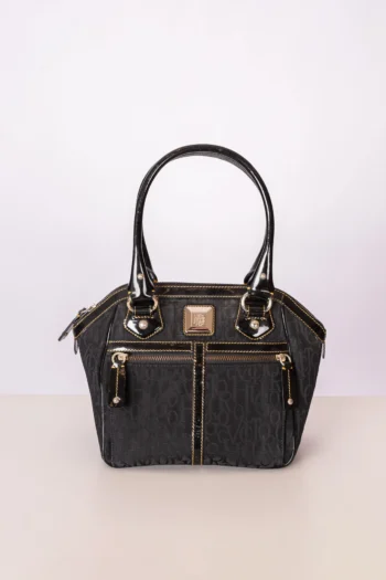 Bolsa Victor Hugo Vinil e Monograma Preta com Pespontos Amarelos