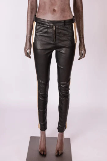 Calça de Couro Cruise Preta Detalhe Lateral Bege 38