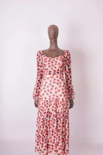 Conjunto Morina Saia Midi + Blusa Manga Princesa em Tule Floral Off White e Vermelho M