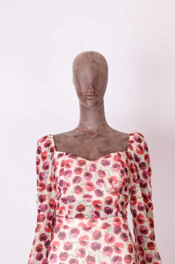 Alternative view of Conjunto Morina Saia Midi + Blusa Manga Princesa em Tule Floral Off White e Vermelho M