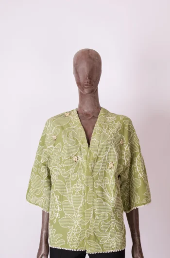 Kimono Algodão Cantão Bordado Algas Verde P