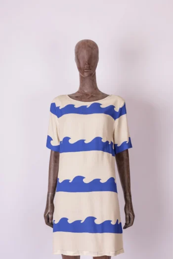 Vestido Cantão Alongado Estampa Mar Bege e Azul P