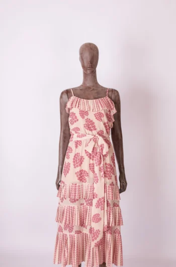 Vestido Blessed Midi Estampa Floral com Babados Plissados Rosa P