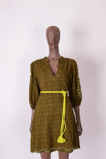 Vestido Cantão Em Algodão Maquinetado Verde Musgo P