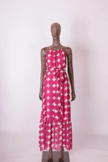 Vestido Cheroy Longo Estampa Poá Pink e Branco P