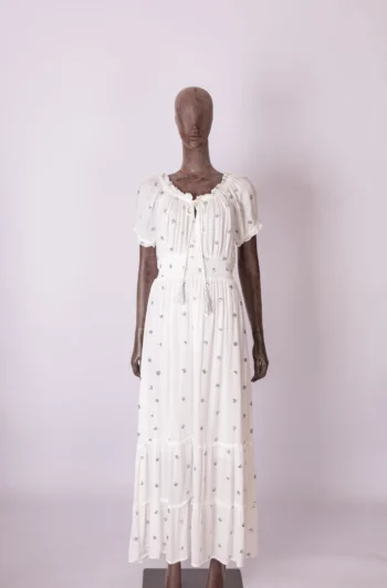 Vestido Ciganinha Longo Branco com Poás em Paetê Prateado M