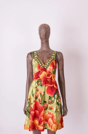 Vestido Farm Curto Maxi Flores Verde e Vermelho M