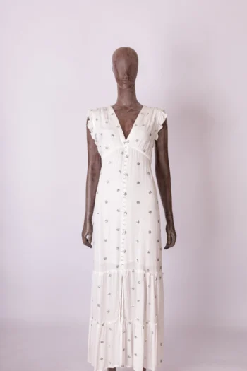 Vestido Longo com Botões Branco com Poás Paetê Prateado G