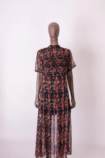 Vestido Longo Estampado com Aplicação Strass Preto Laranja e Rosa M