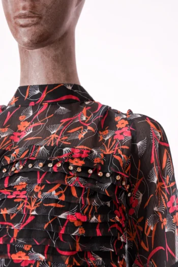 Alternative view of Vestido Longo Estampado com Aplicação Strass Preto Laranja e Rosa M