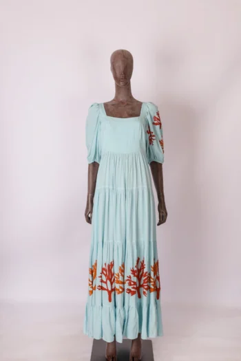 Vestido Mabô Azul Ciano Bordado Coral P