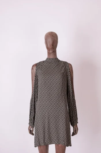 Vestido Más Animale Curto Manga Longa Estampa Geométrica Preto M e Bege