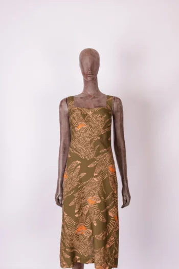 Vestido Midi Cantão De Linho Verde e Laranja P