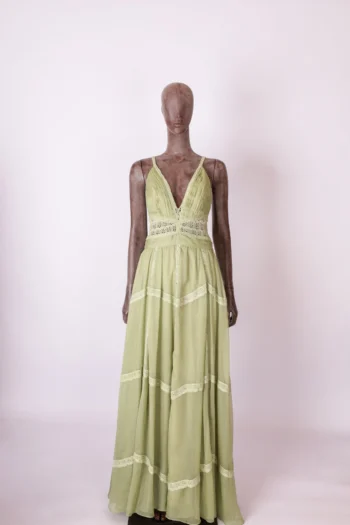Vestido PatBo Longo Guipir Busto Drapeado Verde Oliva P