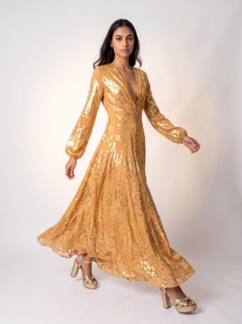 Vestido Fabulous Agilitá Longo Seda Maquinetada Dourado 36