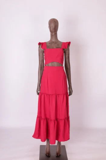 Conjunto Aurore Cropped + Saia Midi com Babados Rosa P