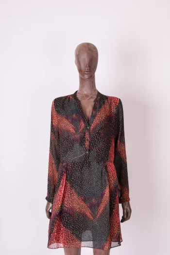 Vestido Cantão Curto Amplo Manga Longa Estampado Preto G