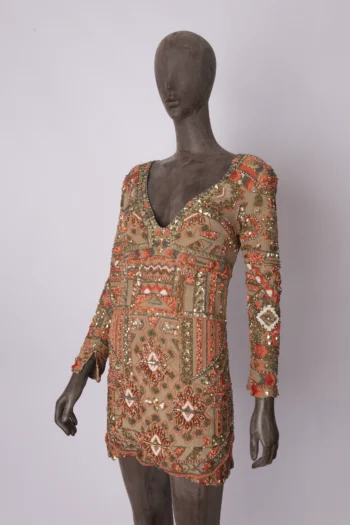 Vestido A.Brand Curto Bordado Bege Coral e Dourado 36