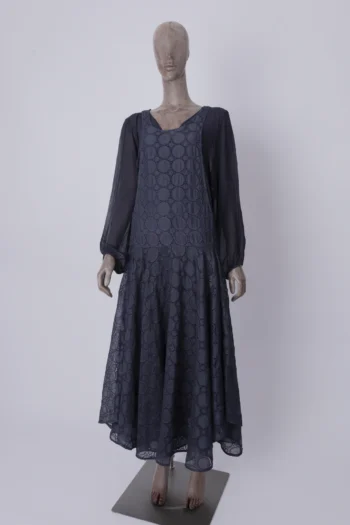 Vestido Cris Barros em Guipir Forro Manga Longa Azul Marinho P