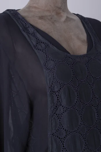 Alternative view of Vestido Cris Barros em Guipir Forro Manga Longa Azul Marinho P