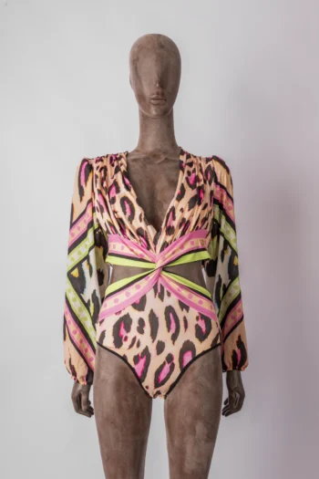 Body Carmen Steffens Animal Print Manga Longa Rosa e Laranja M