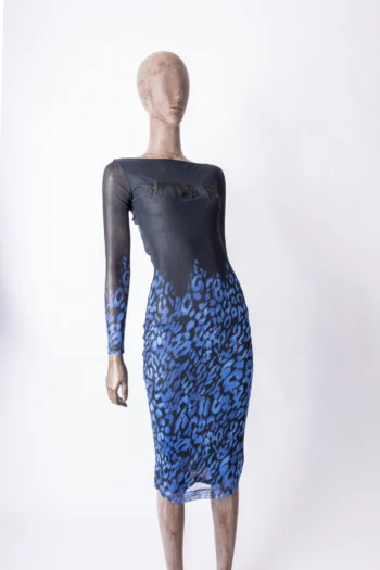 Vestido Caos Midi Animal Print Azul e Preto