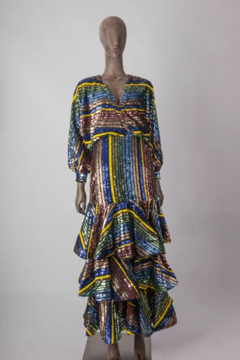 Vestido Iorane Longo de Paetês com Babados Coloridos P