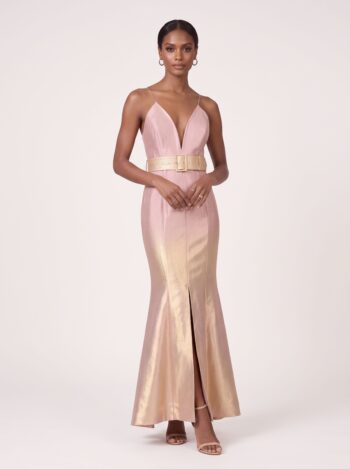 Vestido de Festa Longo em Lurex com Cinto Rosa e Dourado P