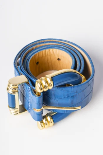 Cinto ByNV Azul Croco com Dourado P