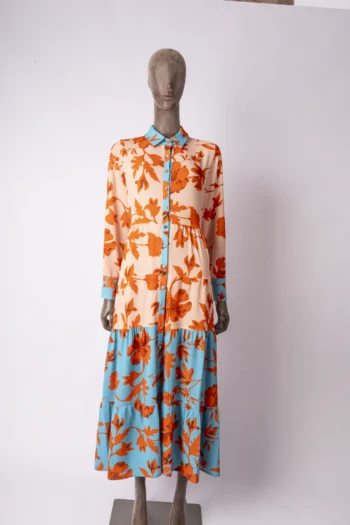 Vestido Blessed Midi Manga Longa com Botões Azul e Laranja P