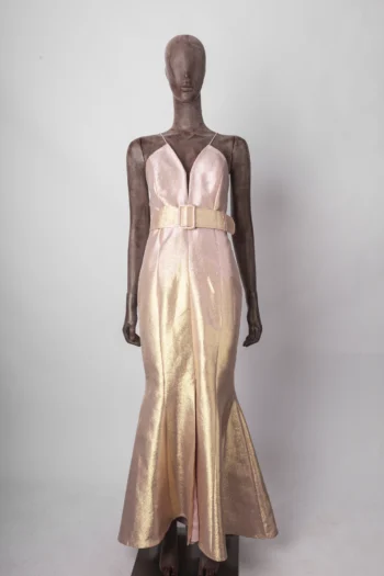 Vestido de Festa Longo em Lurex com Cinto Rosa e Dourado P