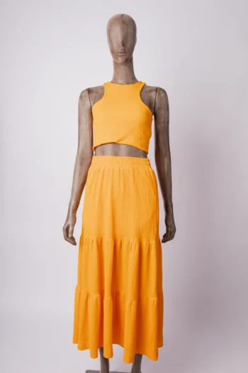 Conjunto Elanova Cropped + Saia Midi Texturizado Laranja P
