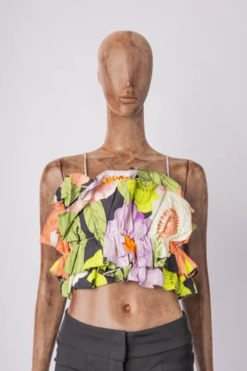 Cropped Lança Perfume com Babados Estampa Floral Lilás e Preto PP