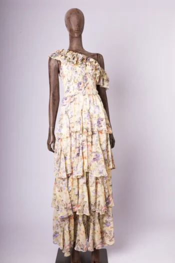 Vestido Elliatt Longo Manga Nula com Babados Floral Off White e Lilás G