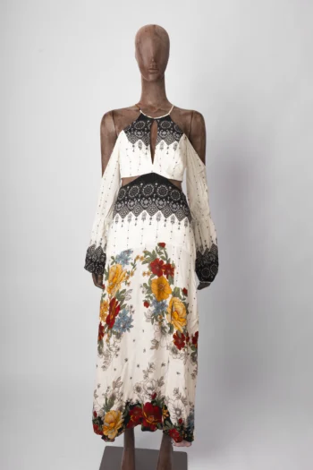 Vestido Farm Longo Cut Out Mangas Avulsas Estampado Floral P&B P