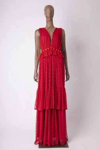 Vestido Iorane Longo em Tule com Poá e Aplicações Vermelho M