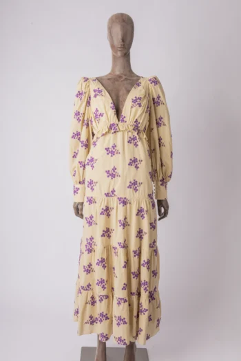 Vestido Longo Iorane Bege com Flores Roxas 40/M