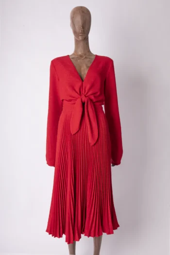 Vestido Skazi Midi Plissa com Mangas e Nó Vermelho G