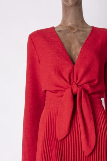 Alternative view of Vestido Skazi Midi Plissa com Mangas e Nó Vermelho G