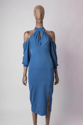 Vestido Zen Midi Decote Pregas e Mangas Azul P