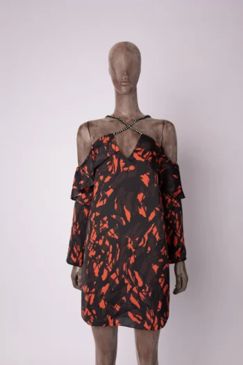 Vestido Más Animale Curto com Mangas Detalhe Strass Preto e Vermelho P