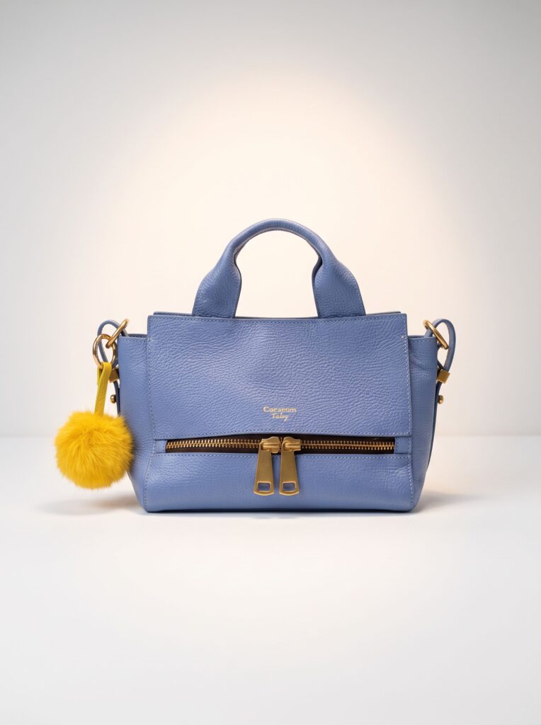 BOLSA CARMIN AZUL COM DETALHE POMPOM AMARELO