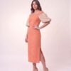 VESTIDO MIDI ALEHA VICHY CORAL E BEGE | TAM. 38